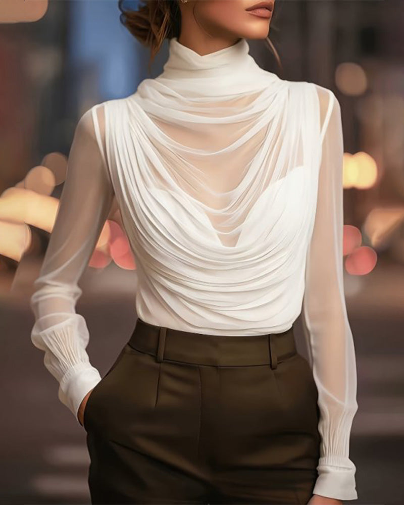 Jazmin - Transparente Drapierte Bluse Mit Hohem Kragen