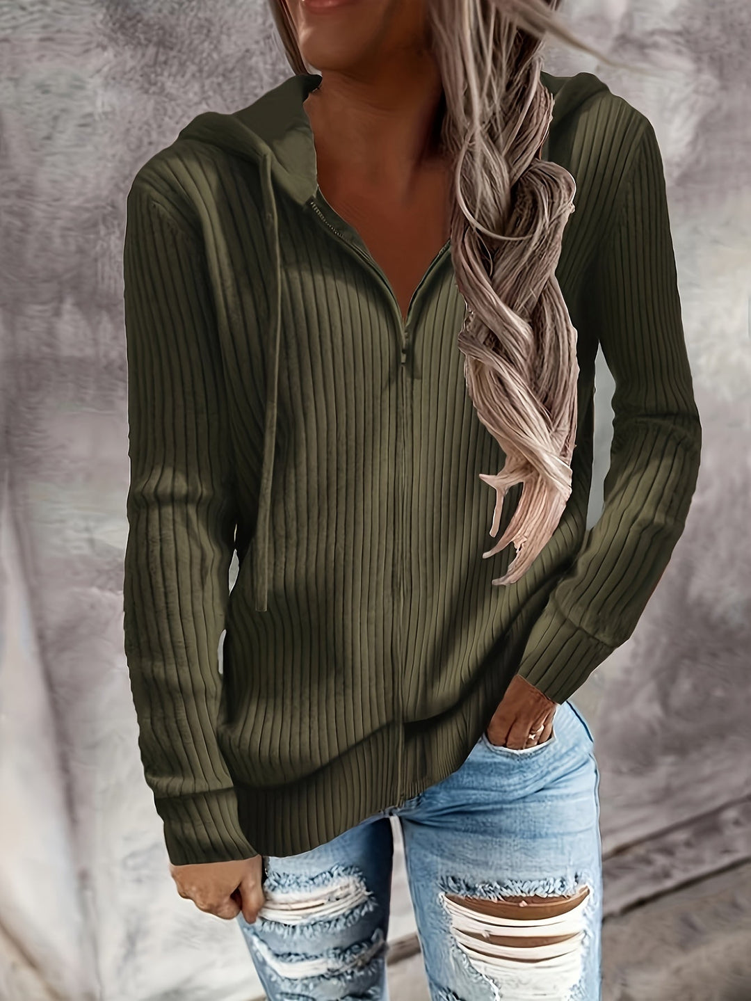 Bibigul - Loose Fit Long Sleeve Ribbed Hooded Cardigan