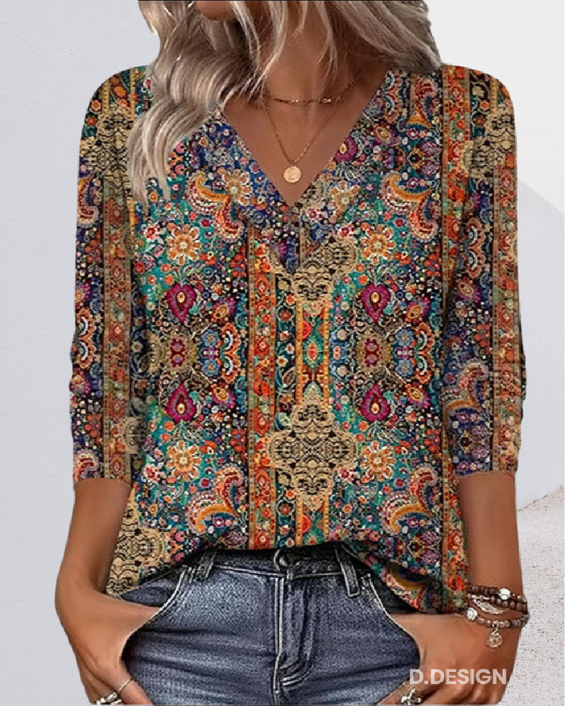 Eleeza – Bluse Mit V-Ausschnitt Und Retro-Drucken