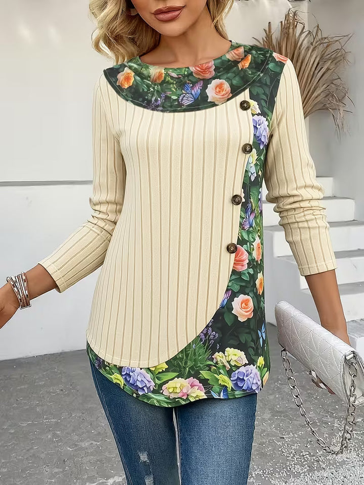 Lucynda – Geripptes Langarm Oberteil mit Print und Knopfdetails