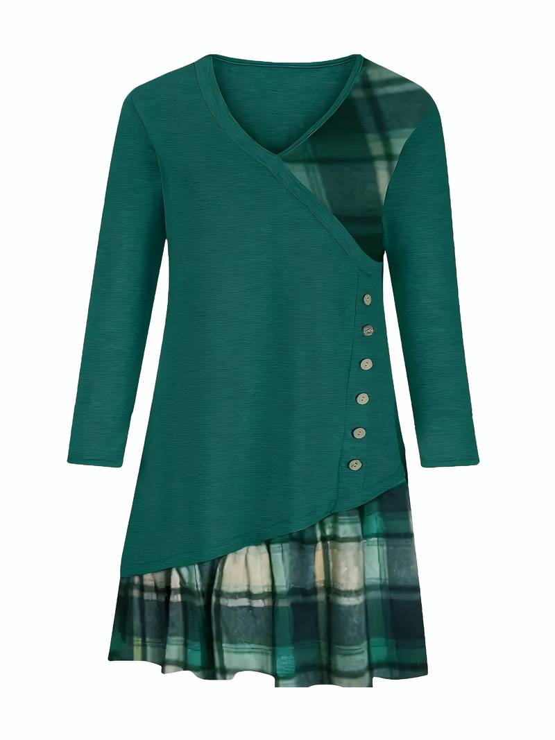 Alinor - Lässiges Kariertes Patchwork Kleid Mit Langen Ärmeln