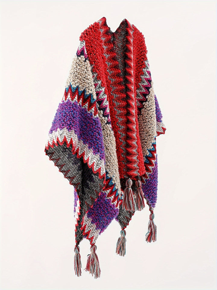 Briana - Tassel Striped Blanket Cape Travel Jacket