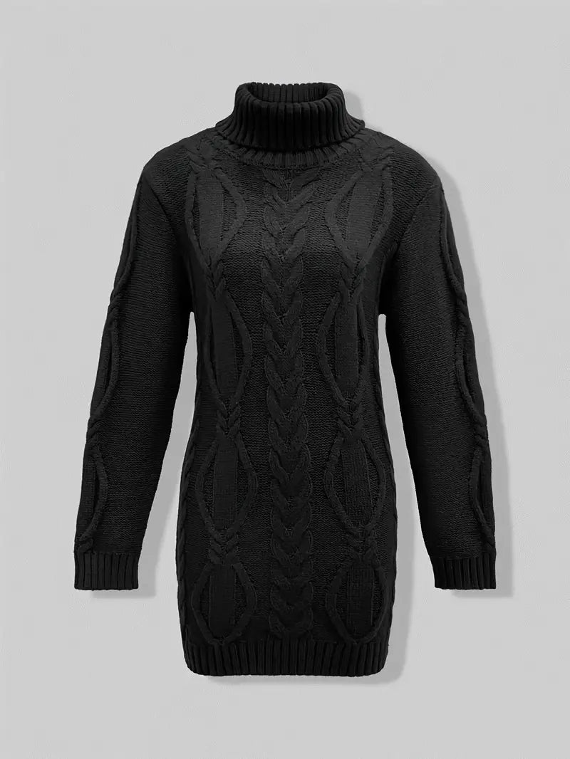 Narda - Klobig Kabel Gestrickt Rollkragen Kleid