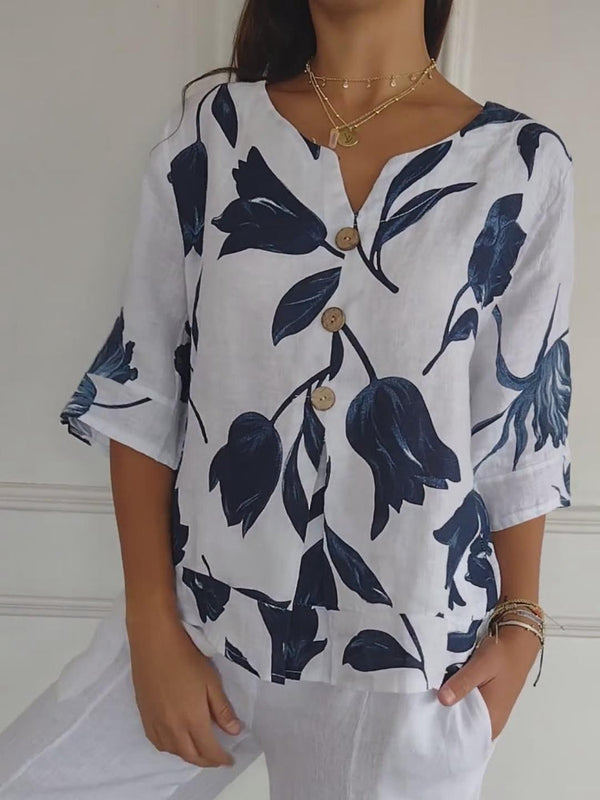 Despoina – Elegantes Oberteil Mit Blumen Muster Und Knöpfen