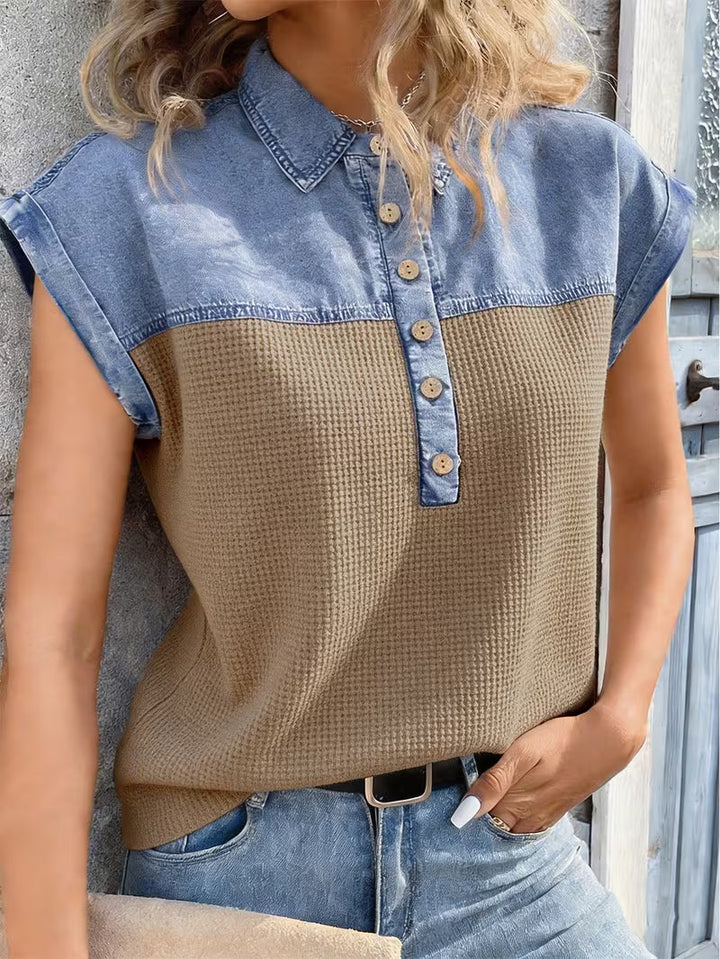 Haily - Lässiges Denim-Oberteil mit Patchwork-Kragen und kurzen Ärmeln