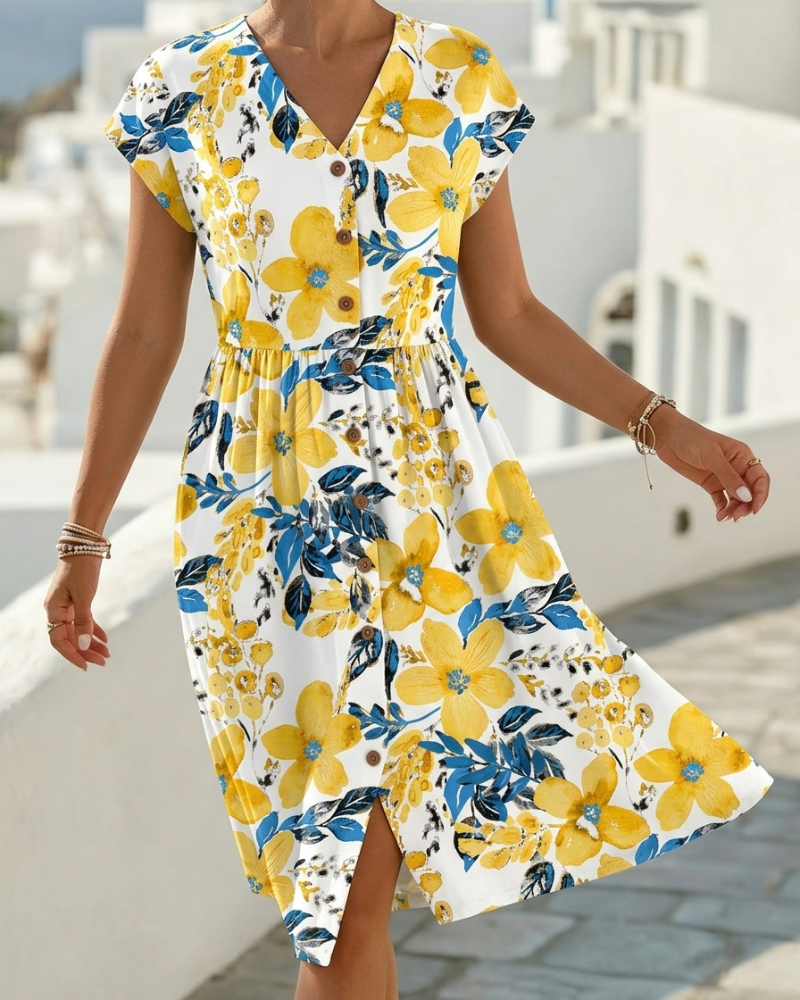 Sinera – Kleid Mit Blumen Muster Und Kurzen Ärmeln