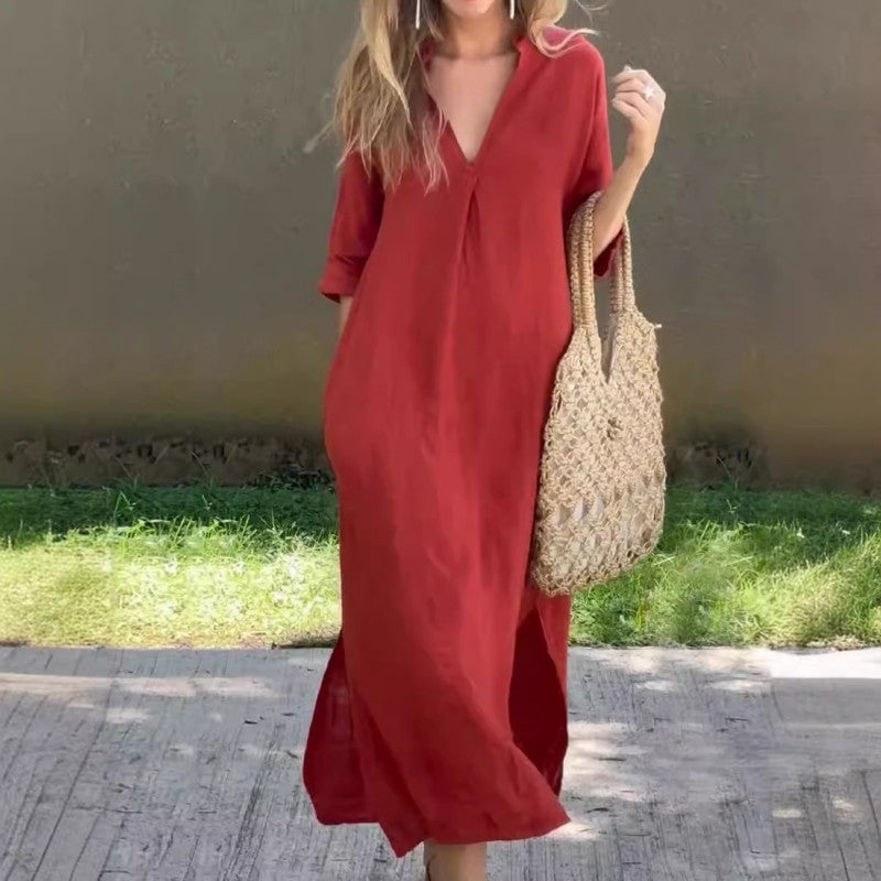 Ramune - Lässiges Leinen Kleid Mit V-Ausschnitt
