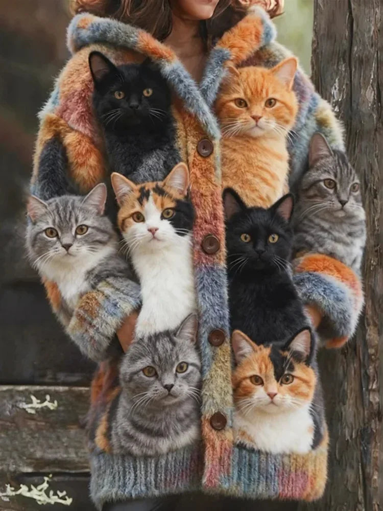 Niraya – Fleece Mantel mit einem Originellen Katzenmotiv