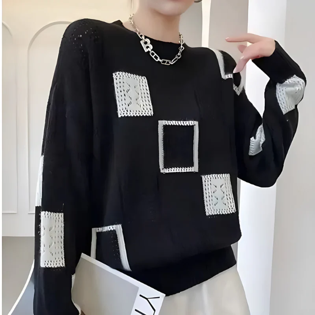 Raschele – Geometrischer Flickwerk Strickpullover