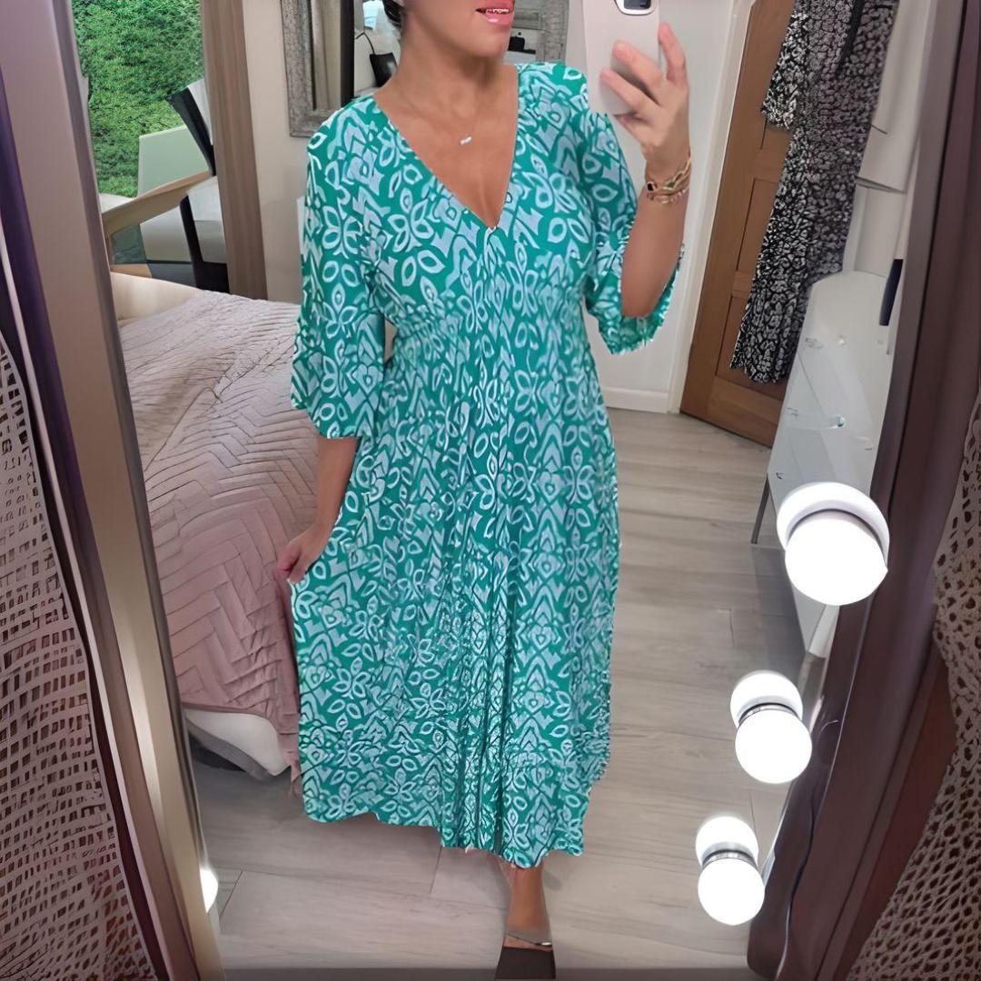 Tabitha - Weinlese Drucken Maxikleid Mit V-Ausschnitt