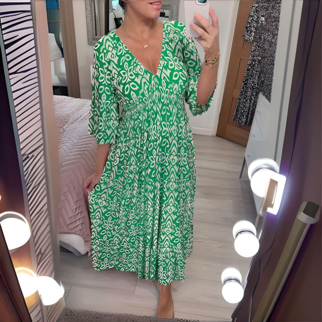 Tabitha - Weinlese Drucken Maxikleid Mit V-Ausschnitt