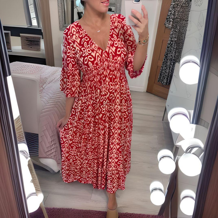 Tabitha - Weinlese Drucken Maxikleid Mit V-Ausschnitt