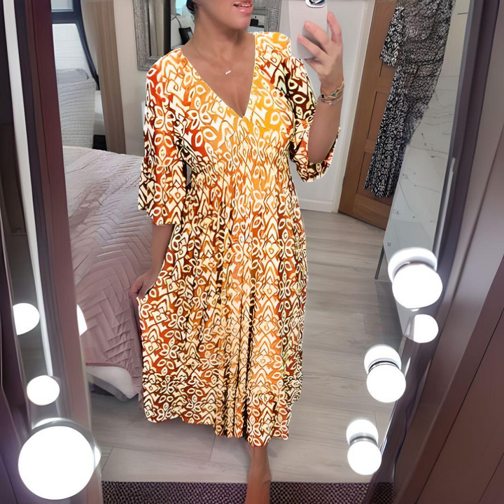 Tabitha - Weinlese Drucken Maxikleid Mit V-Ausschnitt