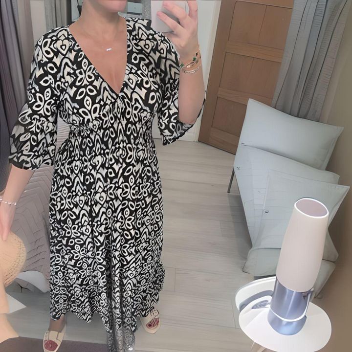 Tabitha - Weinlese Drucken Maxikleid Mit V-Ausschnitt