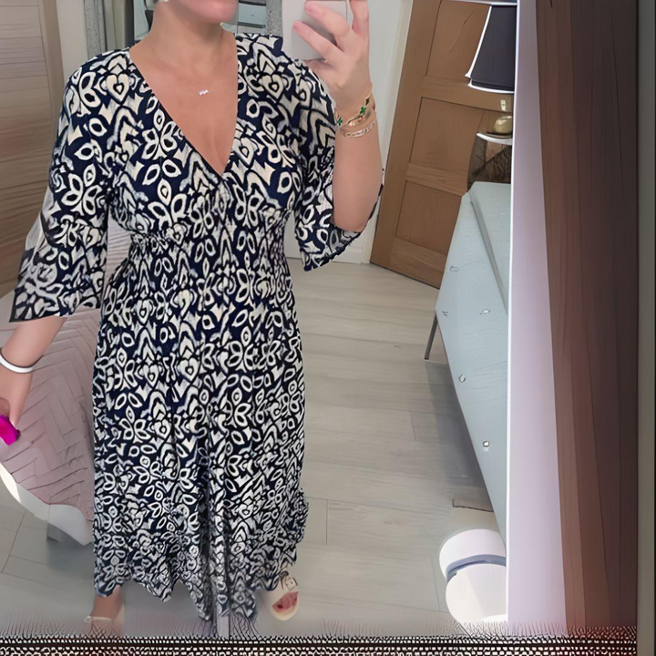 Tabitha - Weinlese Drucken Maxikleid Mit V-Ausschnitt