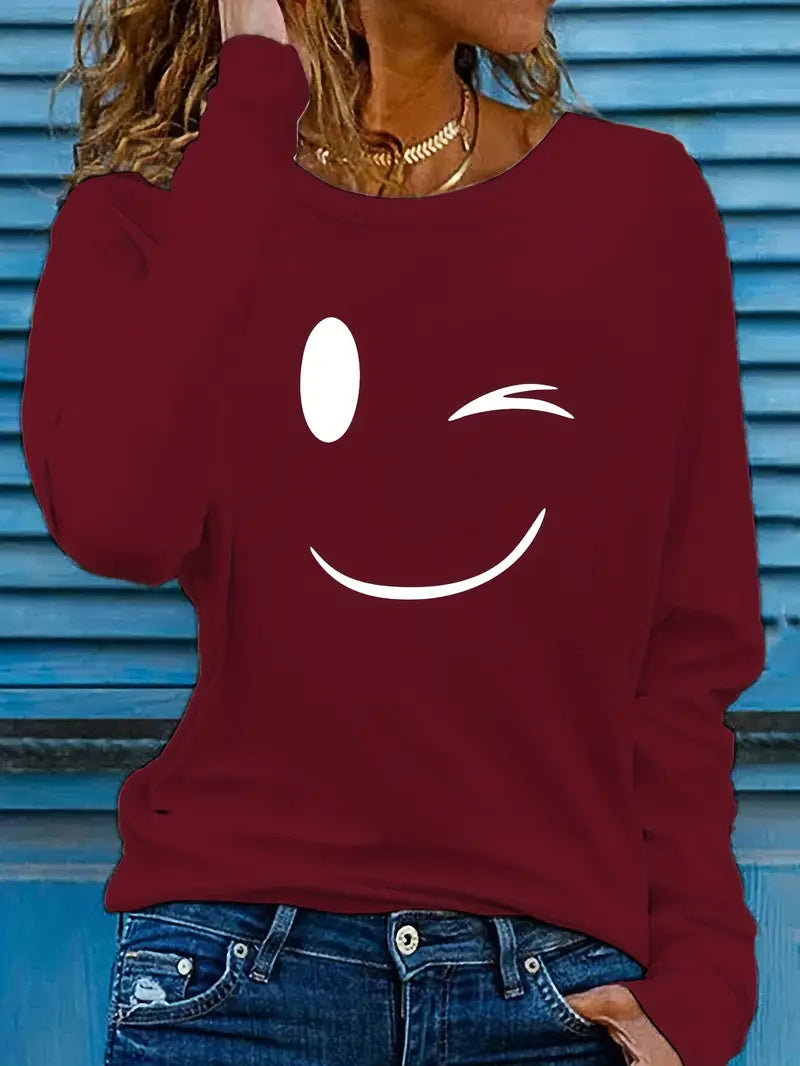 Odalina - Lässiges T-Hemd Mit Smiley Zwinkern Aufdruck