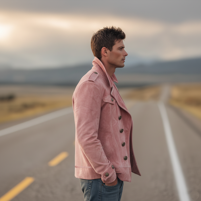 Momonosuke - Klassische Retro Jacke im Westernstil Mit Revers Und Doppelter Knopfleiste Aus Wildleder
