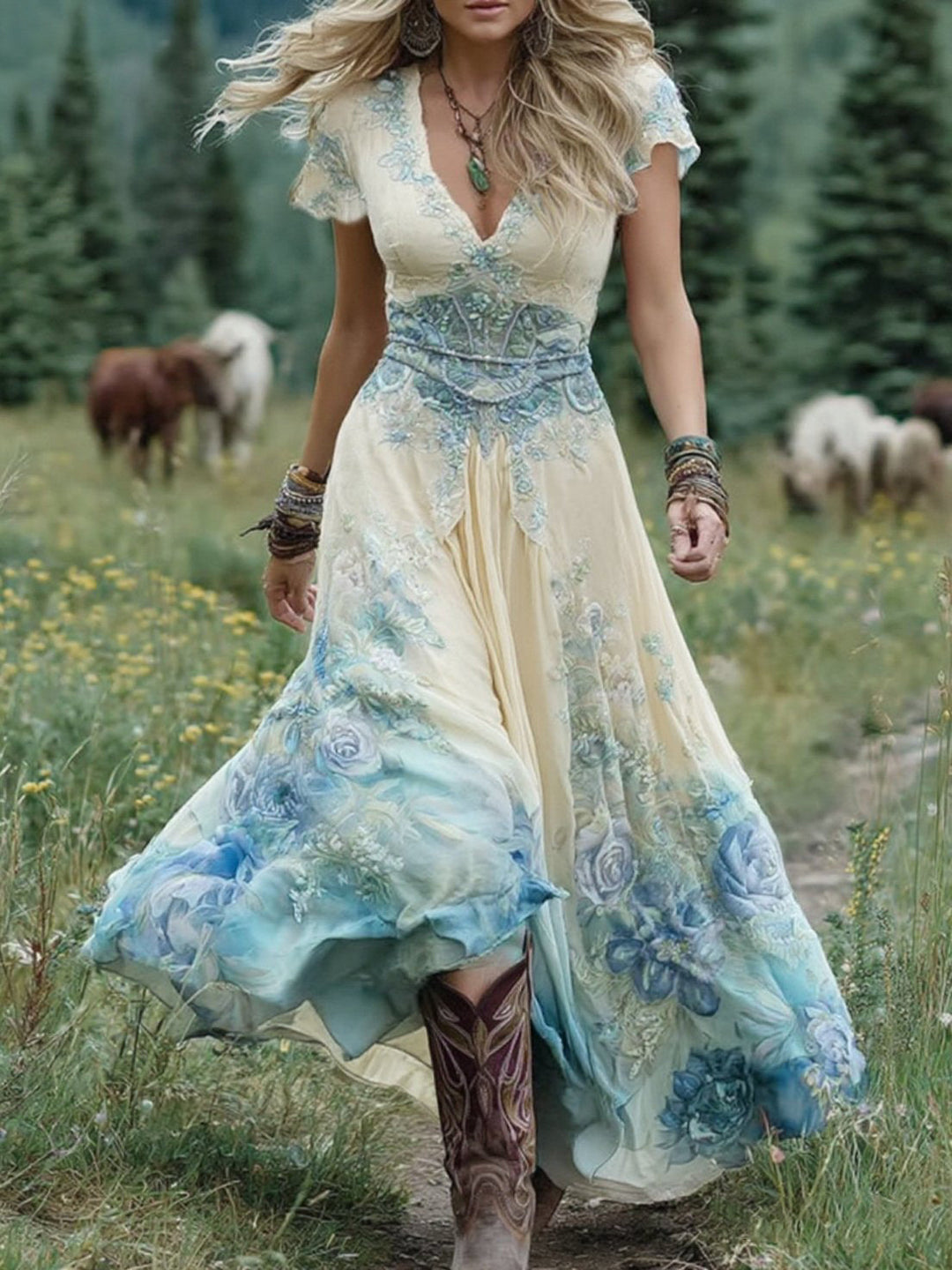 Marcina – Elegantes Maxikleid Mit Floralen Farbtönen
