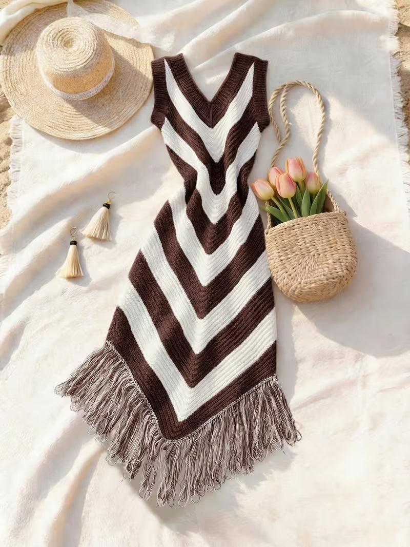 Foley – Strand Überwurfkleid mit Fransen am Saum aus Stretchstoff