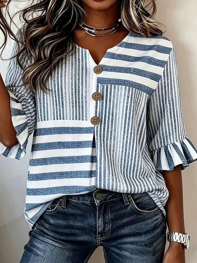 Avyra – Gestreiftes Patchwork-Oberteil mit Rüschenärmeln und Knöpfen