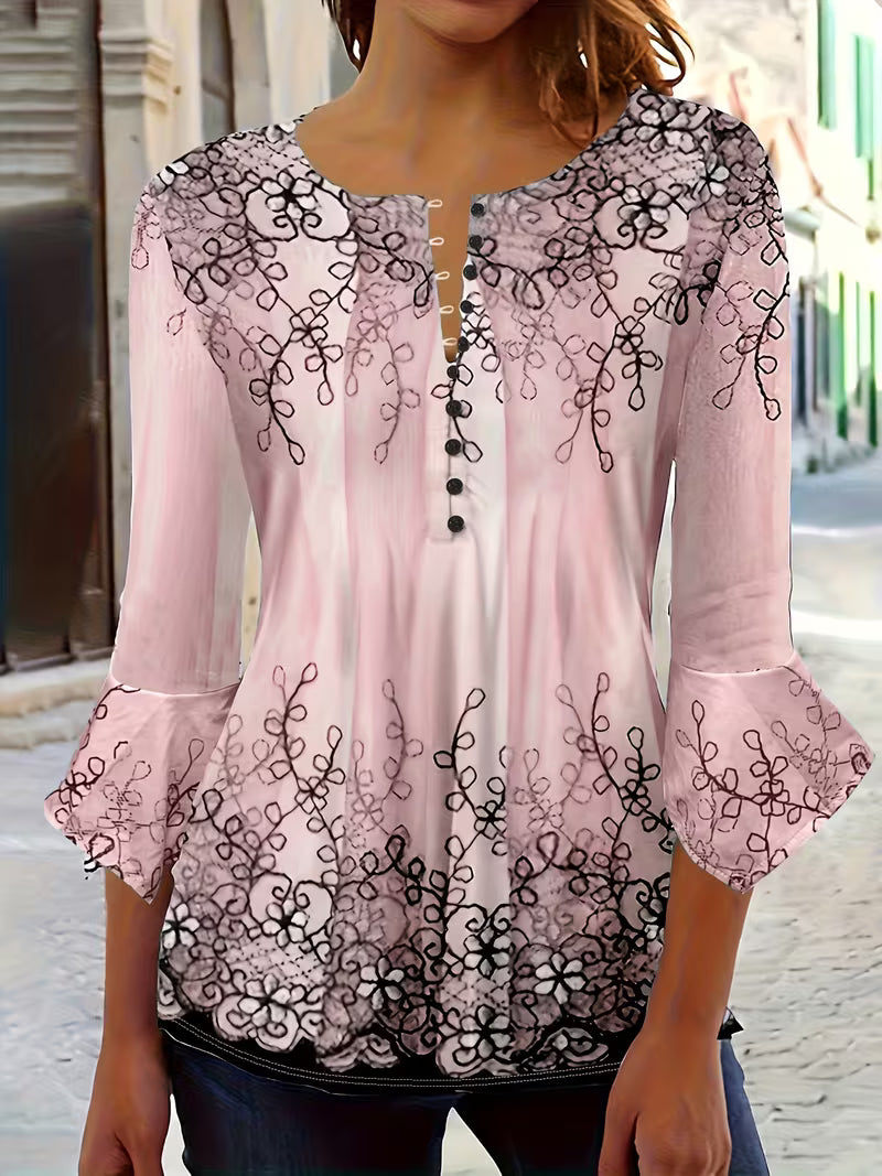 Mesley – Bluse Med Halvlange Ærmer, Blomsterprint Og Flæsekant