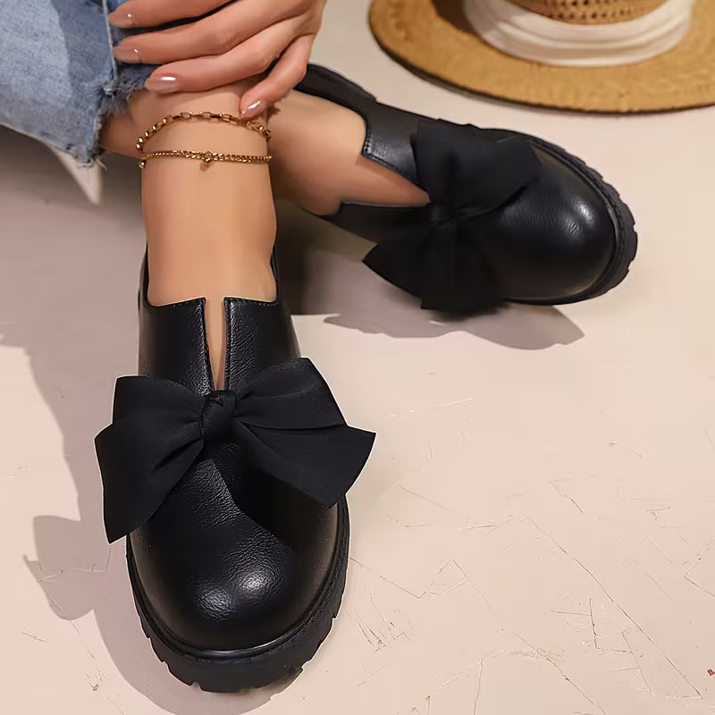 Nargiza - Elegant Bow Accent Round Toe Chunky Sole Loafers