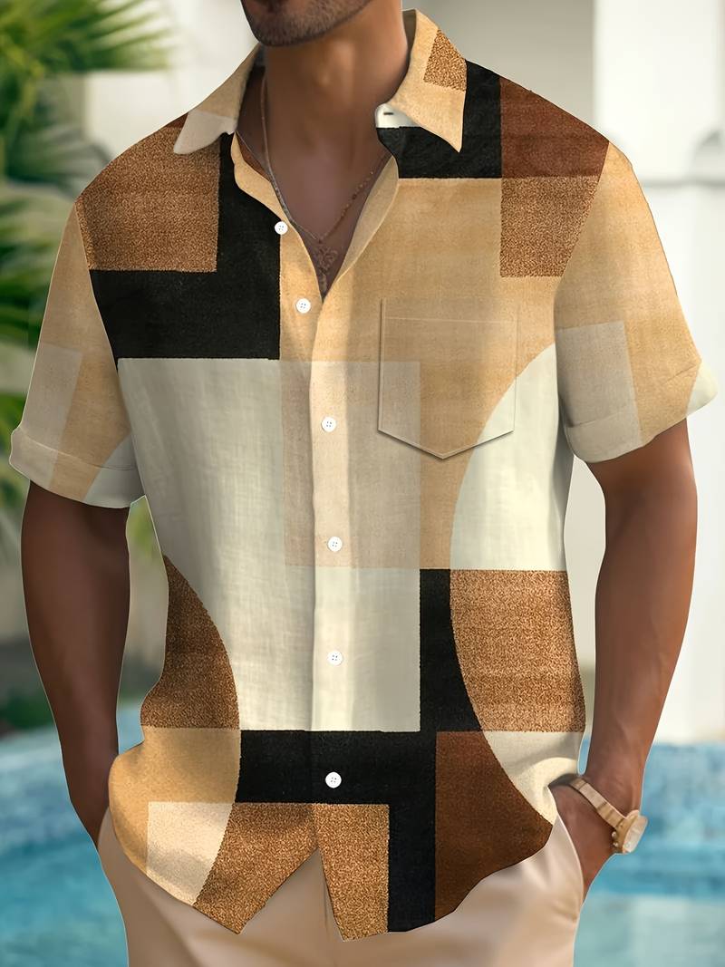 Boucher - Kurzarm Hemd Im Vintage Stil Mit Geometrischem Muster Und Knopfleiste