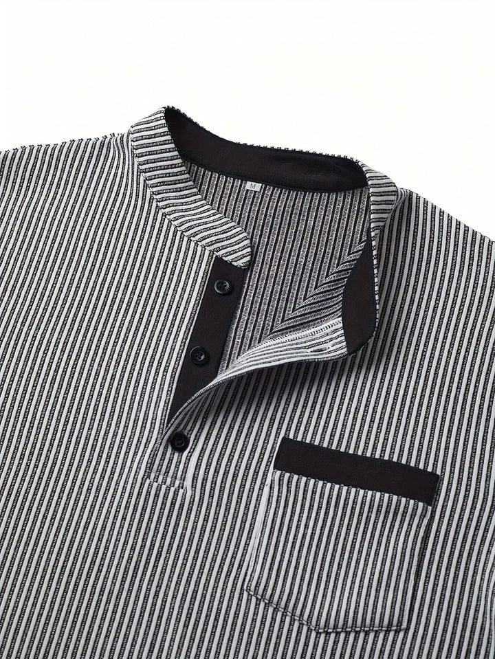 Deegan - Textured Striped Collar Long Sleeve Henley Shirt