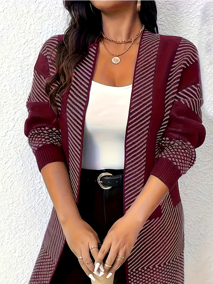 Zhamilya - Langer Geometrisch Gestrickter Strickjacke Mit Offener Vorderseite