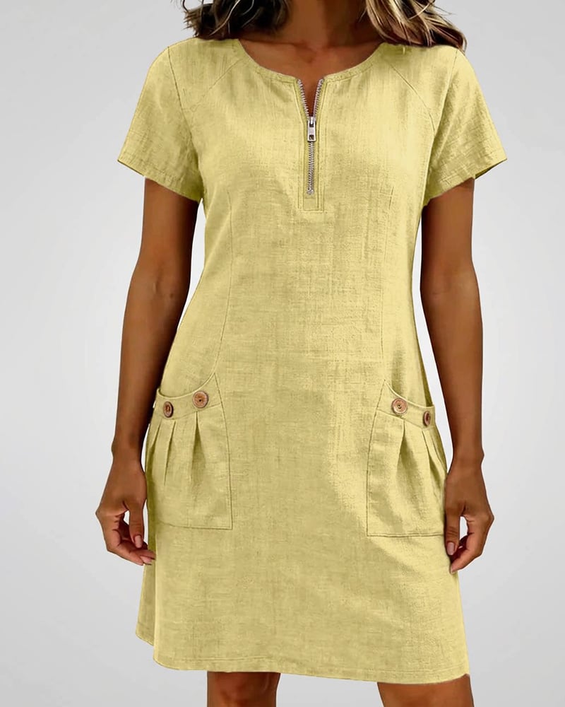 Krystan – Kurzärmeliges Utility Kleid Mit Reißverschluss Vorne