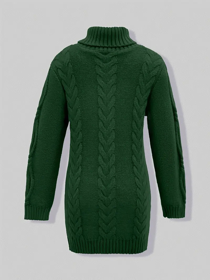 Narda - Klobig Kabel Gestrickt Rollkragen Kleid
