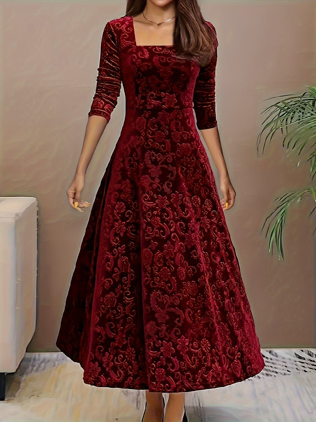 Otsuru - Elegantes SamtKleid Mit Langen Ärmeln