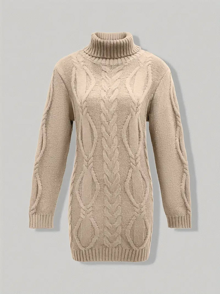 Narda - Klobig Kabel Gestrickt Rollkragen Kleid
