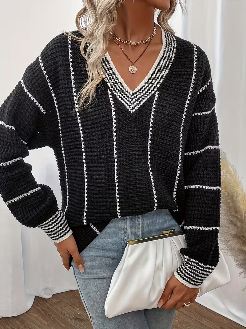 Lykke – Gestreifter Übergröße Pullover Mit V-Ausschnitt