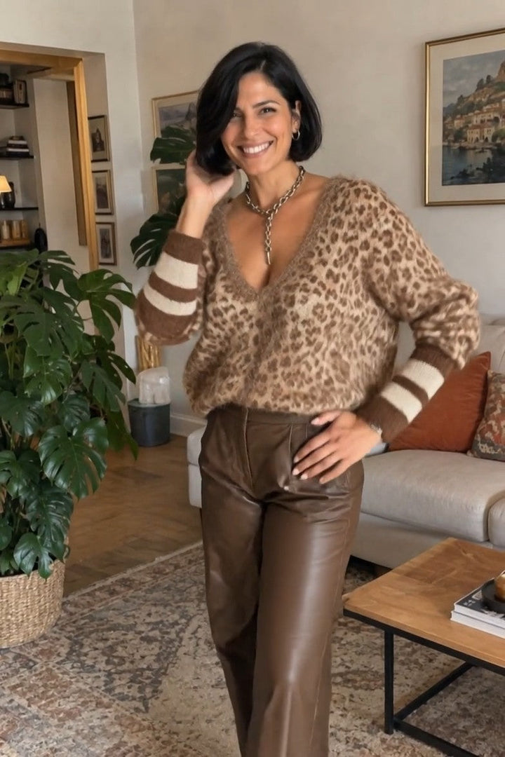 Zelinna – Pullover Mit V-Ausschnitt Und Leopardenmuster