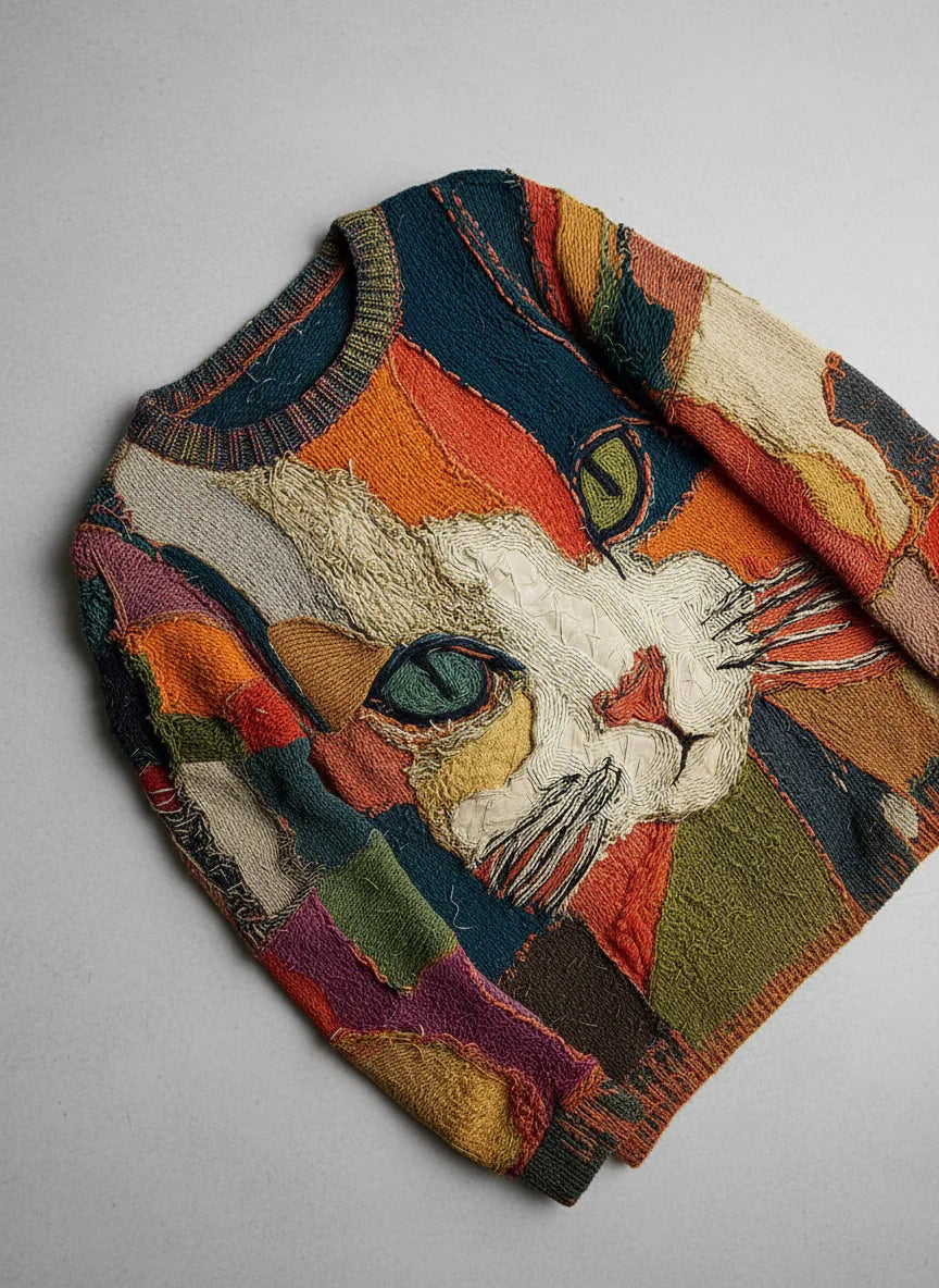 Chaya - Lässiges Künstlerisches Patchwork Oberteil Mit Katzenmotiv