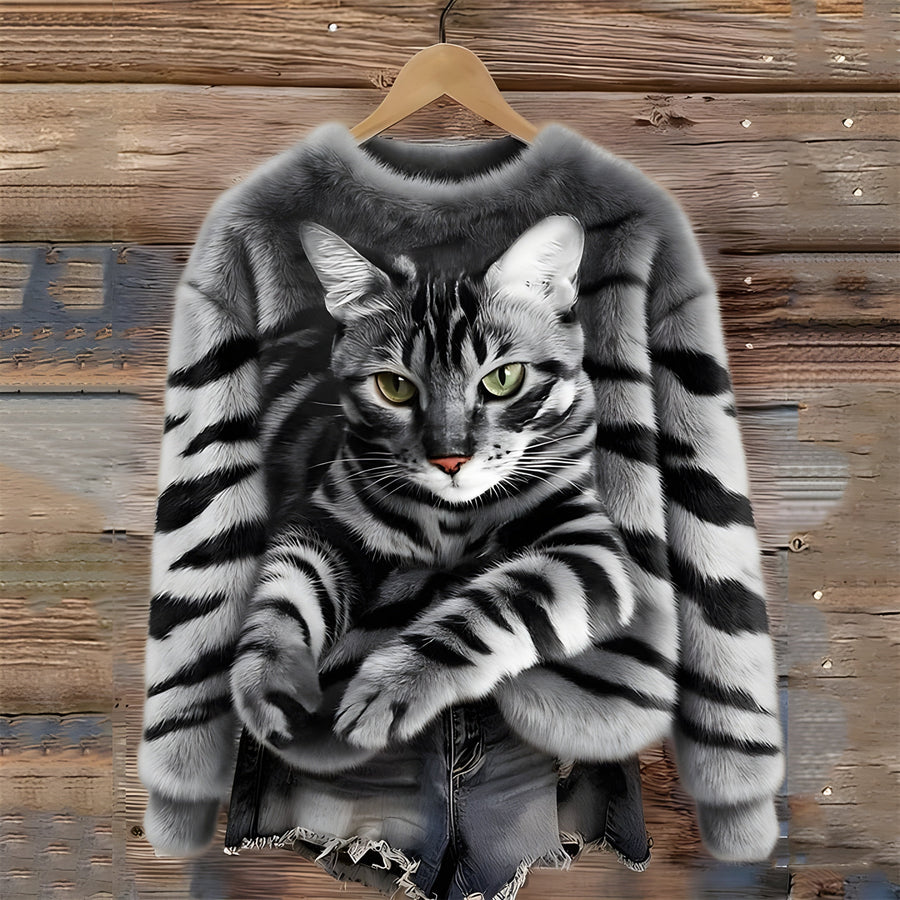 Zohara – Kunstfellpullover Mit Katzenprint