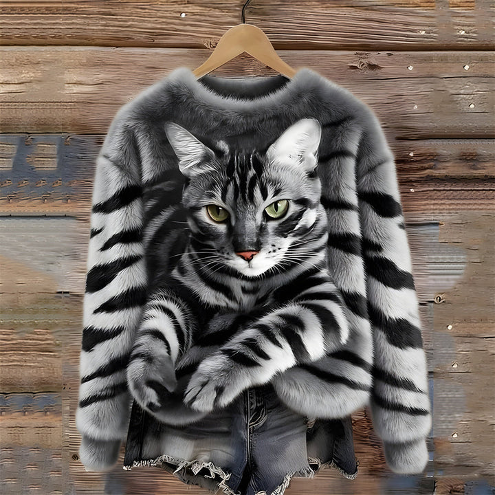 Zohara – Kunstfellpullover Mit Katzenprint