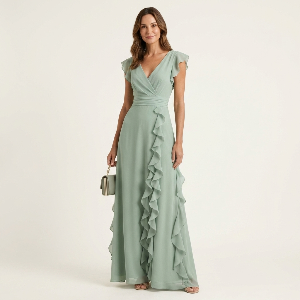Nellyana - Lässiges Maxikleid mit V-Ausschnitt, Flatterärmeln und Rüschen