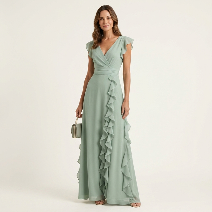 Nellyana - Lässiges Maxikleid mit V-Ausschnitt, Flatterärmeln und Rüschen