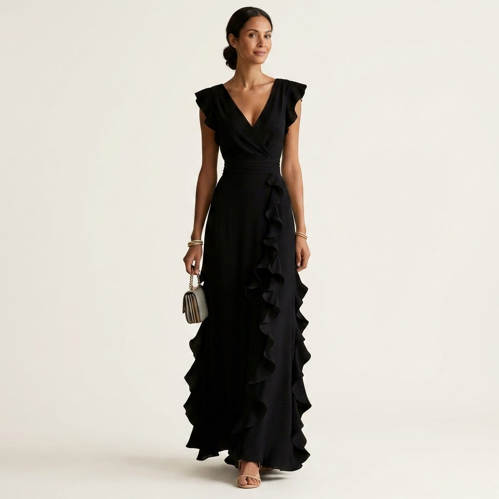 Nellyana - Lässiges Maxikleid mit V-Ausschnitt, Flatterärmeln und Rüschen