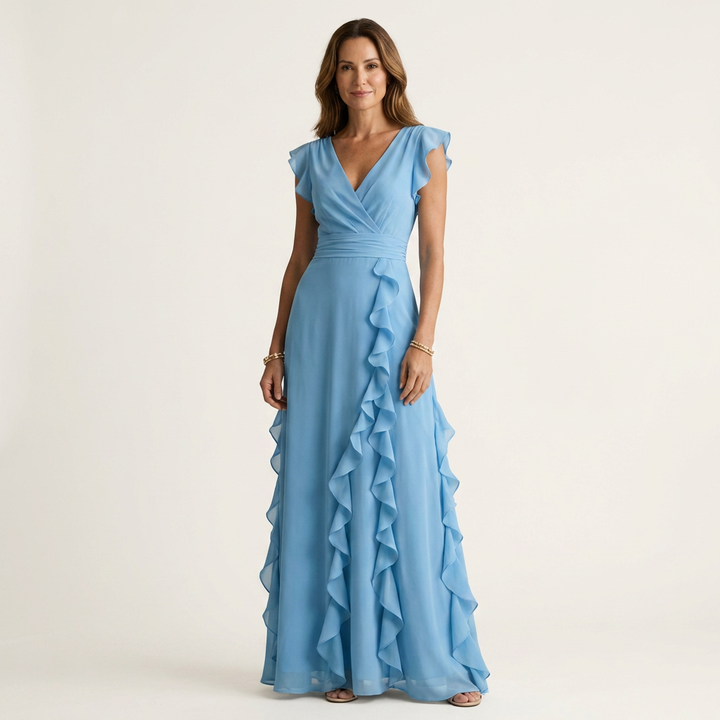 Nellyana - Lässiges Maxikleid mit V-Ausschnitt, Flatterärmeln und Rüschen