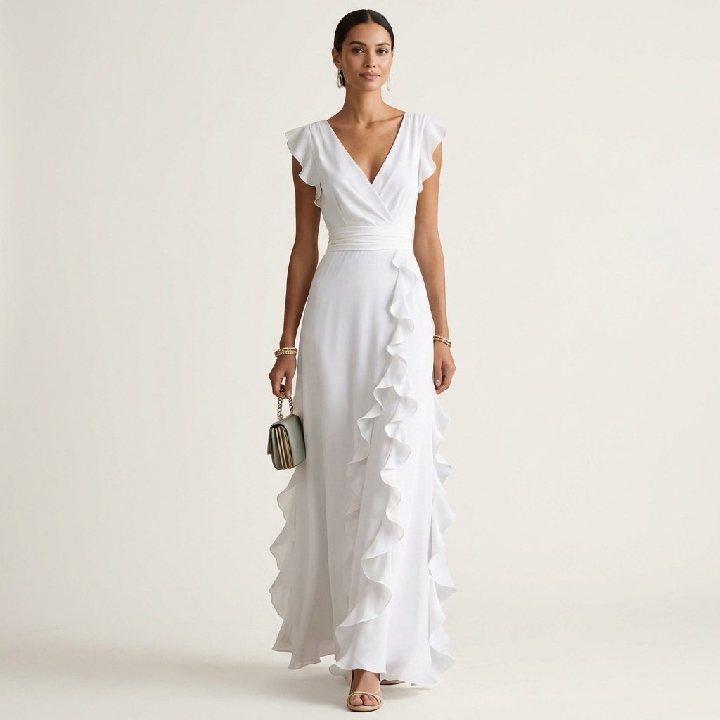 Nellyana - Lässiges Maxikleid mit V-Ausschnitt, Flatterärmeln und Rüschen