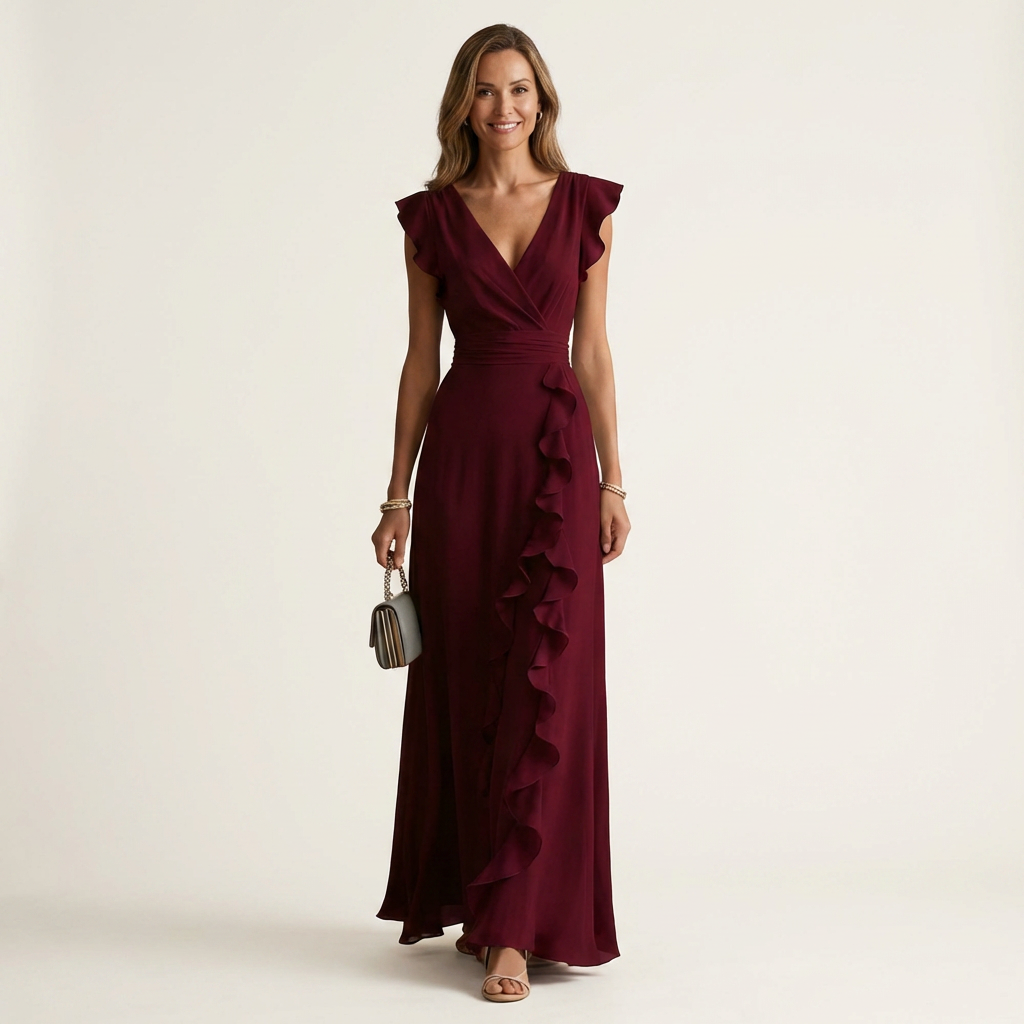 Nellyana - Lässiges Maxikleid mit V-Ausschnitt, Flatterärmeln und Rüschen