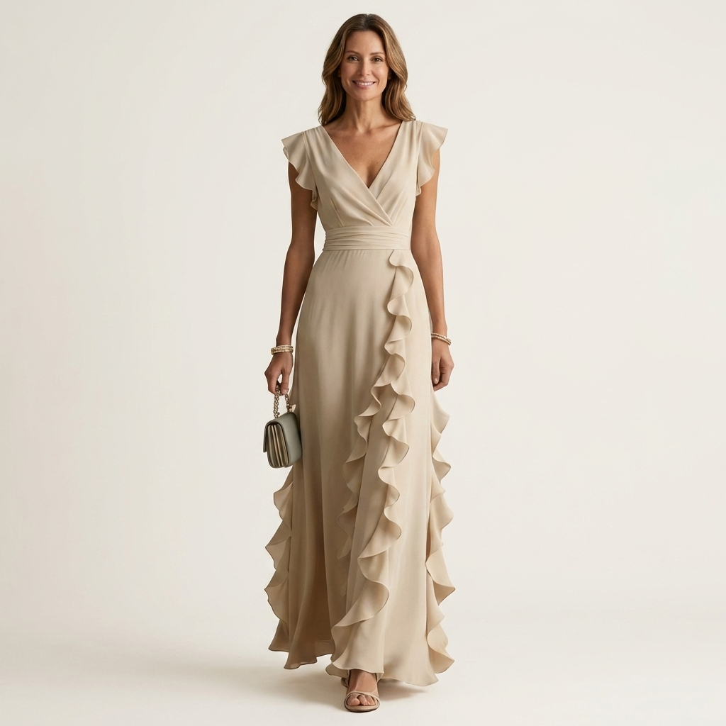 Nellyana - Lässiges Maxikleid mit V-Ausschnitt, Flatterärmeln und Rüschen