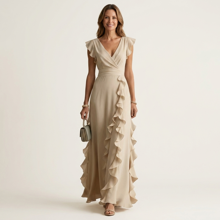 Nellyana - Lässiges Maxikleid mit V-Ausschnitt, Flatterärmeln und Rüschen