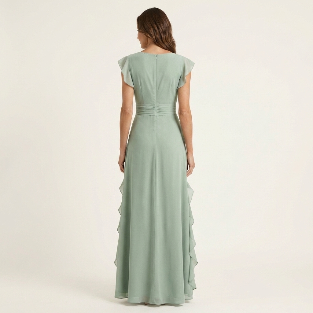 Nellyana - Lässiges Maxikleid mit V-Ausschnitt, Flatterärmeln und Rüschen