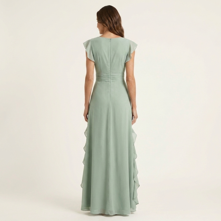 Nellyana - Lässiges Maxikleid mit V-Ausschnitt, Flatterärmeln und Rüschen