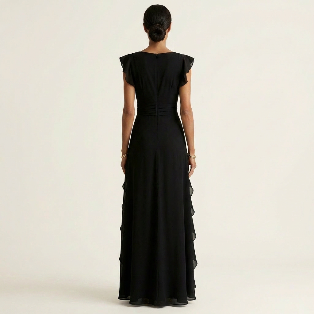 Nellyana - Lässiges Maxikleid mit V-Ausschnitt, Flatterärmeln und Rüschen
