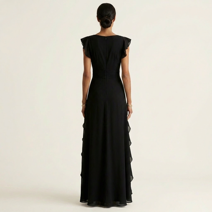 Nellyana - Lässiges Maxikleid mit V-Ausschnitt, Flatterärmeln und Rüschen